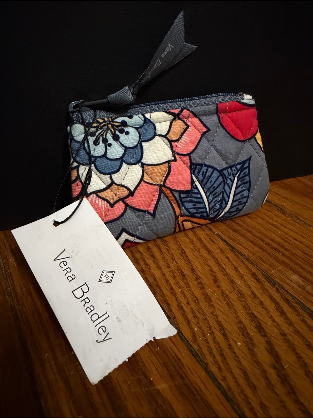 Vera Bradley Quilted Floral Coin Pouch in Gray with Pink & Blue Accents